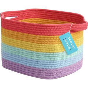 Woven Toy Basket Storage for Kids Room, Rectangular Basket for Shelves, Cotton